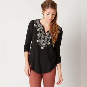 Lucky Brand Embellished Embroidered Peasant Top Women’s S - Black / White / Gold